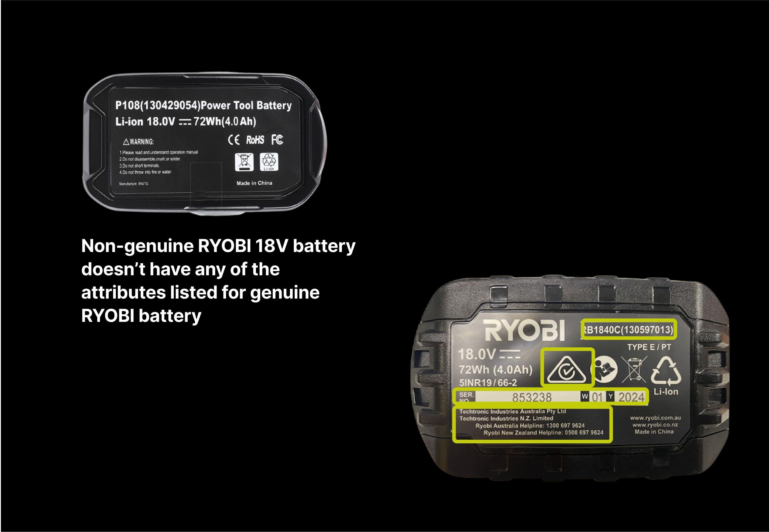 Rating plate on genuine RYOBI battery