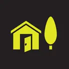 Icon: hyper green house and tree on a black background