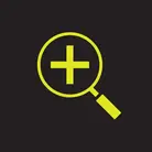 Icon: hyper green magnifying glass with plus inside on a black background