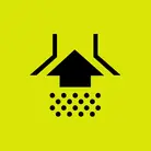 Icon: black dots below upward arrow similar to vacuum head on hyper green background 