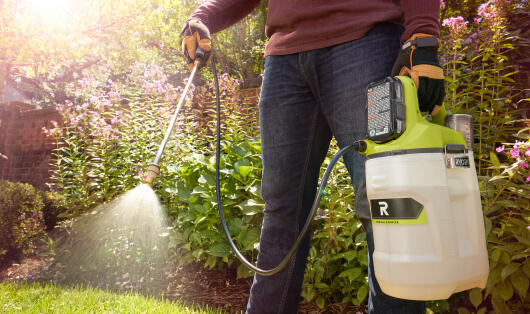A person using a RYOBI garden sprayer to spray their lawn, showing foliage in the background. 