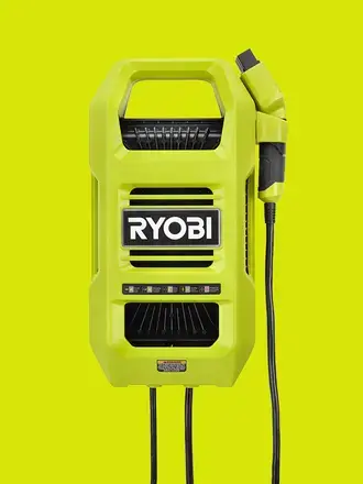 RYOBI supercharger battery charger on a hyper green background